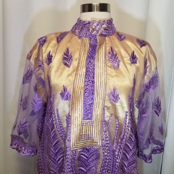 Vintage Handmade African Dishaki Shirt  Embroidered Lavender Floral Authentic M - Picture 8 of 9